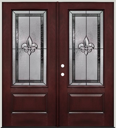 Fleur-de-lis 3/4 Lite Pre-finished Mahogany Fiberglass Prehung Double Door Unit #48