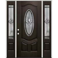 Fleur-de-lis 3/4 Oval Pre-finished Fiberglass Prehung Door Unit with Sidelites #1018