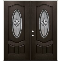 Fleur-de-lis 3/4 Oval Pre-finished Fiberglass Prehung Double Door Unit #1018