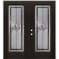 Full Lite Fleur-de-lis Pre-finished Mahogany Fiberglass Prehung Double Door Unit #1036