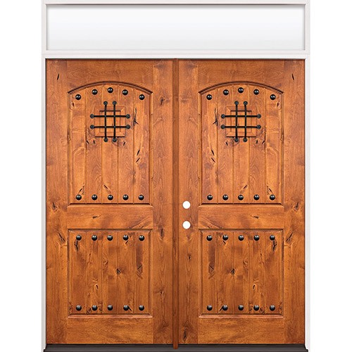 Rustic Knotty Alder Prehung Wood Double Door Unit with Transom #2008