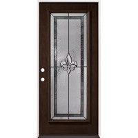 Full Lite Fleur-de-lis Pre-finished Mahogany Wood Prehung Door Unit #2036