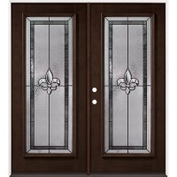 Full Lite Fleur-de-lis Pre-finished Mahogany Wood Double Door Unit #2036