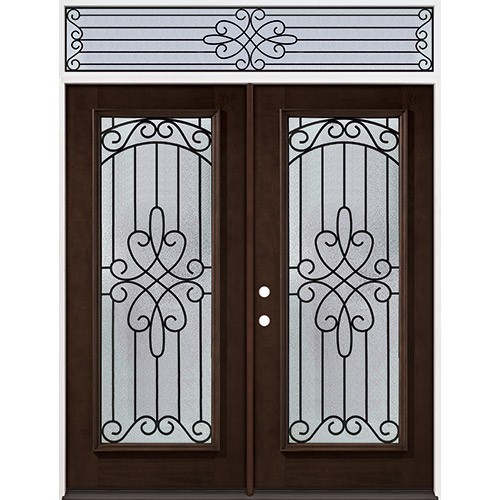 Full Lite Internal Grille Pre-finished Mahogany Prehung Wood Double Door Unit with Transom #2045 