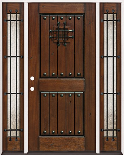Rustic Mahogany Prehung Wood Door Unit with Sidelites #2086
