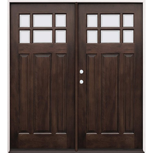 6-Lite Craftsman Raised Mahogany Wood Double Door Prehung Unit #2129