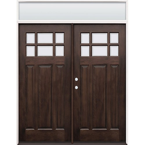 6-Lite Craftsman Raised Mahogany Prehung Wood Double Door Unit with Transom #2129