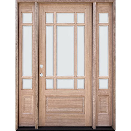 9-Lite Prairie Low-E Unfinished Mahogany Wood Door Unit with Sidelites #3014