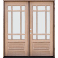 9-Lite Prairie Low-E Unfinished Mahogany Wood Double Door Unit #3014