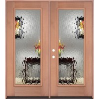 Privacy Glass Full Lite Mahogany Wood Double Door Unit