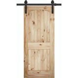 7'0" Tall x 36" Wide 2-Panel Arch V-Grooved Knotty Pine Barn Door Slab with 72" Black Hardware Kit