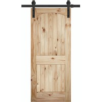 7'0" Tall x 36" Wide 2-Panel Arch V-Grooved Knotty Pine Barn Door Slab with 72" Black Hardware Kit