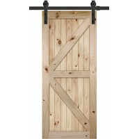 7'0" Tall x 36" Wide K-Bar V-Grooved Knotty Pine Barn Door Slab with 72" Black Hardware Kit