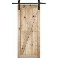 7'0" Tall x 36" Wide Z-Bar V-Grooved Knotty Pine Barn Door Slab with 72" Black Hardware Kit