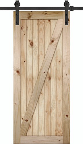 7'0" Tall x 36" Wide Z-Bar V-Grooved Knotty Pine Barn Door Slab with 72" Black Hardware Kit