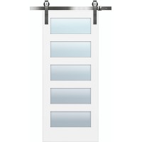 7'0" Tall x 36" Wide Modern 5-Lite Primed Barn Door Slab with 72" Nickel Hardware Kit