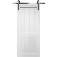 7'0" Tall x 36" Wide Modern 2-Panel V-Grooved Primed Barn Door Slab with 72" Nickel Hardware Kit