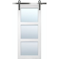 7'0" Tall x 36" Wide Modern 3-Lite Primed Barn Door Slab with 72" Nickel Hardware Kit