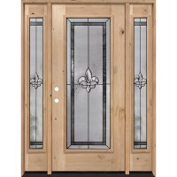Full Lite Fleur-de-lis Knotty Alder Wood Door Unit with Sidelites #7036