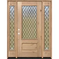 3/4 Lite Textured Diamond Knotty Alder Wood Door Unit with Sidelites #7117