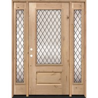 3/4 Lite Diamond Knotty Alder Wood Door Unit with Sidelites #7126