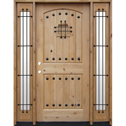 Rustic Knotty Alder Prehung Wood Door Unit with Speakeasy and Sidelites #7445