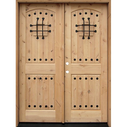 Rustic Knotty Alder Prehung Double Wood Door Unit with Speakeasy #7445
