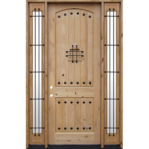 8'0" Tall Rustic Knotty Alder Prehung Wood Door Unit with Speakeasy and Sidelites #7453