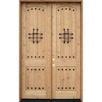 8'0" Tall Rustic Knotty Alder Prehung Double Wood Door Unit with Speakeasy #7453