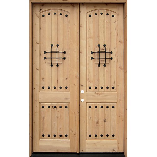 8'0" Tall Rustic Knotty Alder Prehung Double Wood Door Unit with Speakeasy #7453